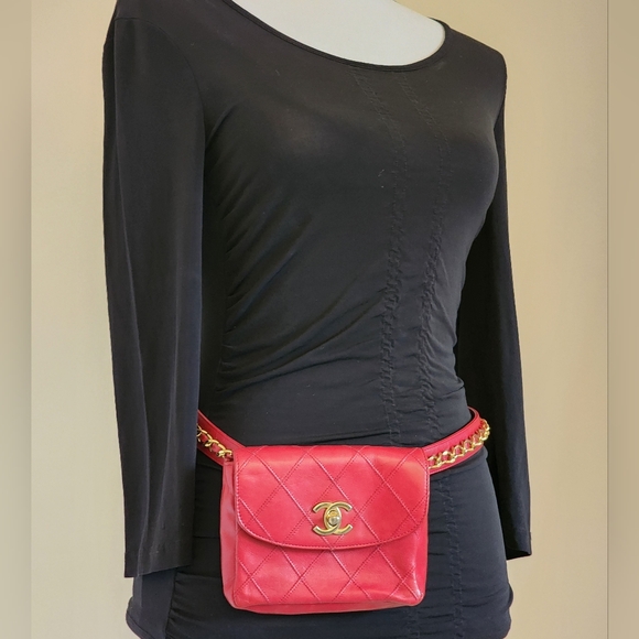 Chanel CC Turn Lock Matellase Belt Bag Lipstick Red + Entrupy COA - Picture 4 of 16